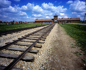 Visitors stroll the railway at Auschwitz camp