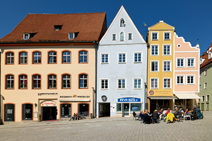 Visitors enjoy main square of Landsberg am Lech in Bavaria Germa