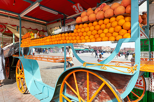Fresh orange juice stall in Djema el Fnaa square Marrakesh