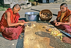 Two monks chopping and peeling potatoes outdoors.