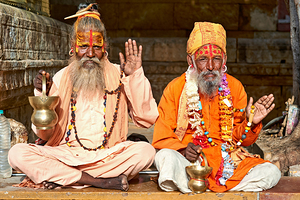 Sadhus sitting in Jaisalmer Rajasthan during a sunny day