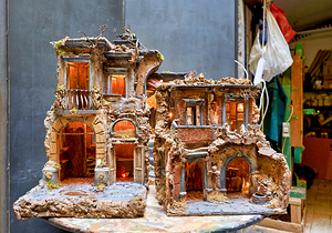 Hand crafted nativity scene displayed in Naples artisan workshop