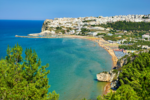 Apulia Puglia Gargano Italy. Elevated view of Peschici