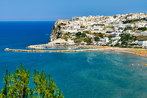 Apulia Puglia Gargano Italy. Elevated view of Peschici
