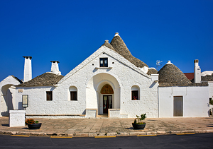 Apulia Puglia Italy. Alberobello. Trulli: traditional Apulian dry stone huts with a conical roof. Trullo Sovrano