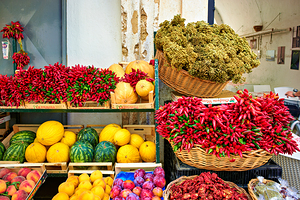 Salento. Apulia Puglia Italy. Gallipoli. Dried red chili and fruit