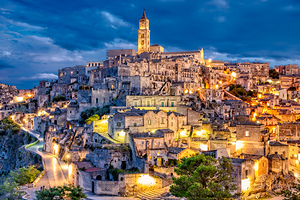 Matera Basilicata Italy. Cityscape. I sassi di Matera at sunset