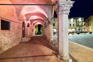 Montefalco Umbria Italy. Piazza del Comune at sunset
