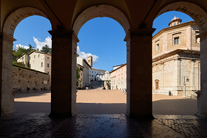 Spoleto Umbria Italy. Piazza del Duomo the theatre and Chiesa di SantEufemia