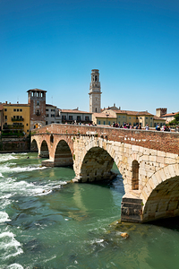 Verona Veneto Italy. Cityscape. The river Adige and Ponte Pietra Stone Bridge