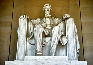 The marble statue of Abraham Lincoln inside the Lincoln Memorial. Washington D.C.