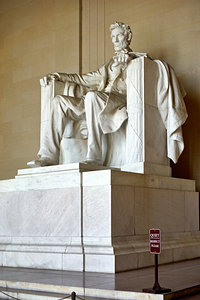 The marble statue of Abraham Lincoln inside the Lincoln Memorial. Washington D.C.