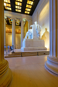 The marble statue of Abraham Lincoln inside the Lincoln Memorial. Washington D.C.