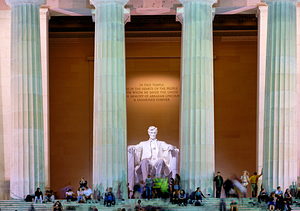 The marble statue of Abraham Lincoln inside the Lincoln Memorial. Washington D.C.