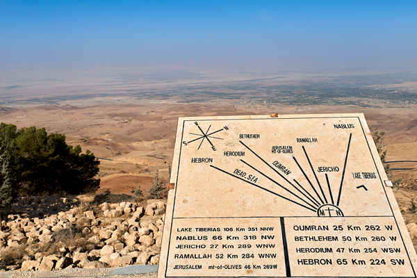 View from Mount Nebo shows signs and the Landscape of Jordan Print