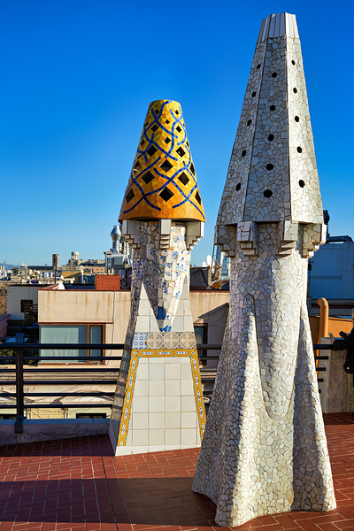 Exploring the rooftop of Palau Guell in Barcelona Spain Print