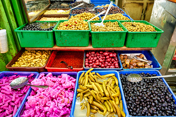 Pickles and olives for sale in market in old city of Jerusalem Print