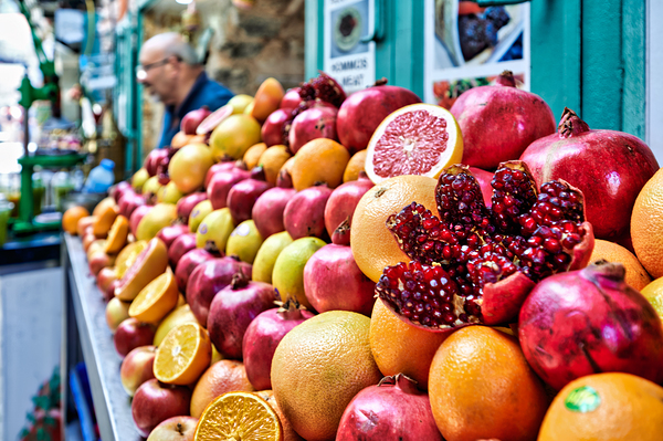 Fresh fruit stall in old city of Jerusalem filled with colorful  Print