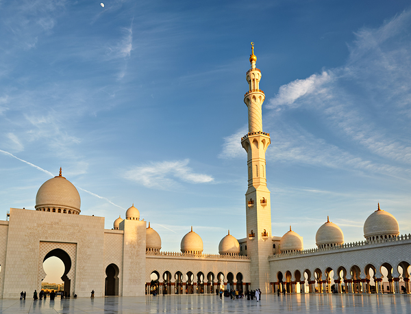 Visit the Sheikh Zayed Grand Mosque at sunset in Abu Dhabi Print