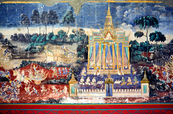 Ancient mural depicting temple figures and scenes of life. Print