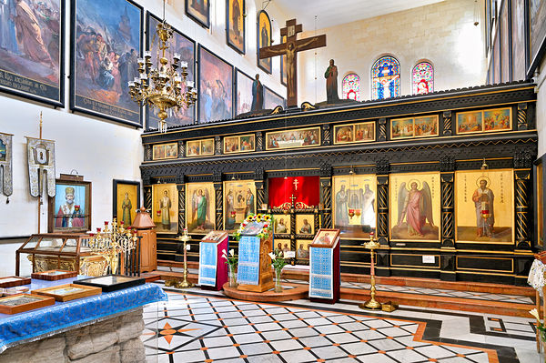 Orthodox Church interior in Jerusalem with icons and decorations Print