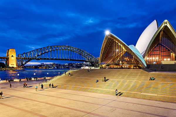 Sydney Opera House and Harbour Bridge at dusk. Print