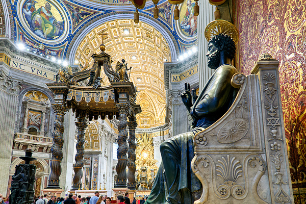 Saint Peters Basilica interior with Saint Peter statue in Rome Print