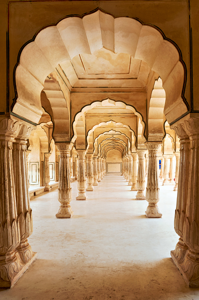 Amber Palace hall with arches and columns in Rajasthan India Print