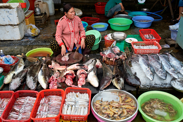Woman sells fish at market in Phu Quoc Vietnam during daytime Digital Download