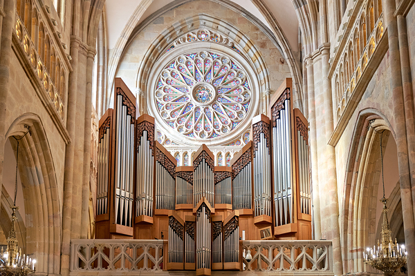 Organ and stained glass in Bilbao Cathedral interior Print