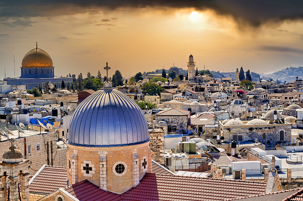 Dramatic sunset over the old city of Jerusalem in Israel Print