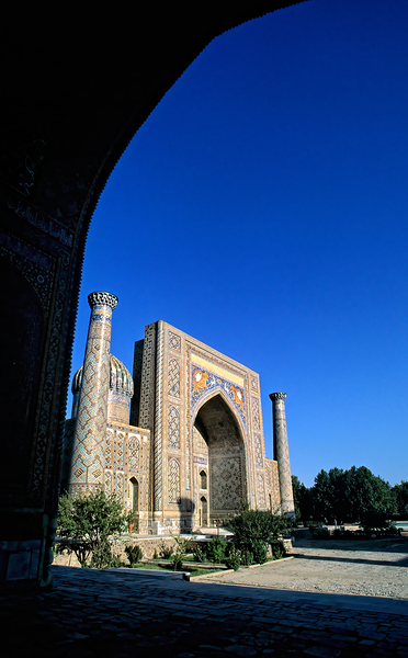 Exploring Khiva in Uzbekistan at a historic site Print