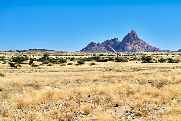 Granite peaks of Spizkoppe rise above the Namib Desert in Namibi Print