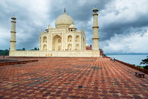 Taj Mahal in Agra during cloudy weather with empty courtyard Print