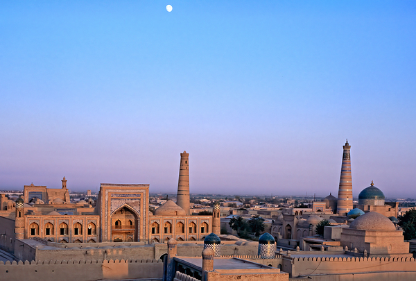 Sunset view over Khivas historic architecture in Uzbekistan Print