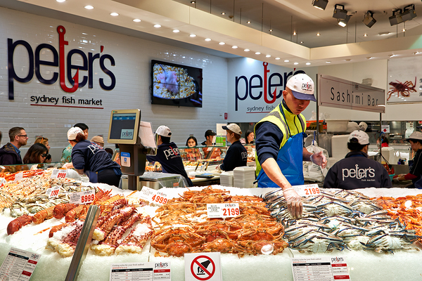 Peters Sydney Fish Market displays fresh seafood for sale. Print