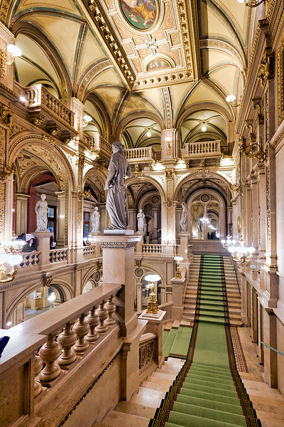 Opulent historic building interior with grand staircase and sta Print