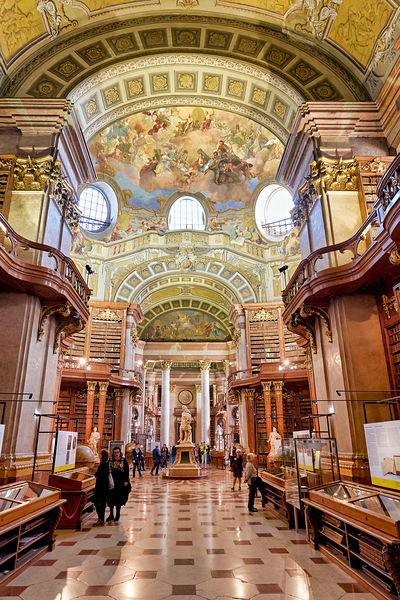Grand historic library interior with ornate architecture and fre Print