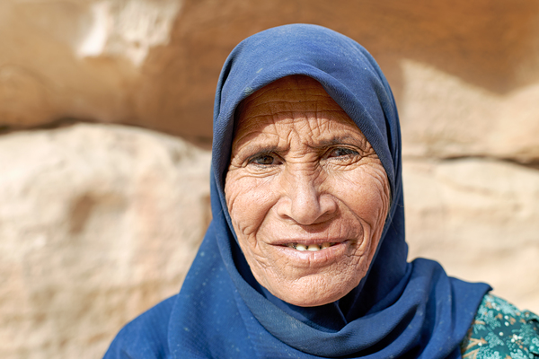 Portrait of an old woman at Little Petra in Jordan Print