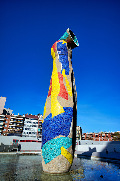 Sculpture of Woman and Bird in Barcelona park by Joan Miro Print