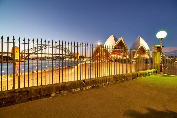Sydney Opera House and Harbour Bridge at dusk. Print