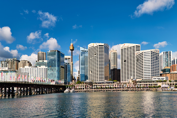 Sydney Harbour skyline with bridge and boats. Print