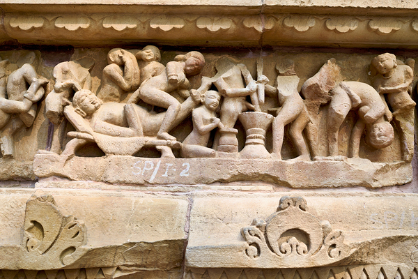 Hindu temples of Khajuraho show carvings of daily life and ritua Print