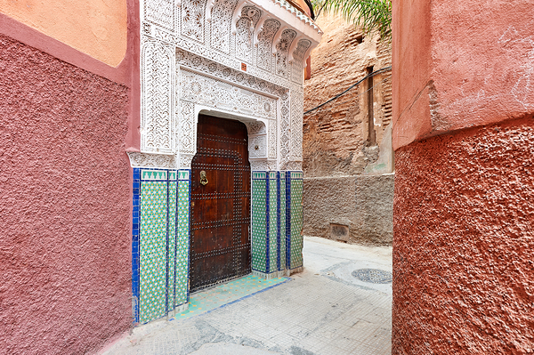 Narrow alleys in Marrakeshs Medina show traditional architectur Print