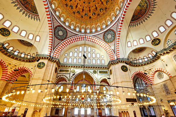 Ceiling light fixtures in Istanbuls Suleymaniye Mosque Print
