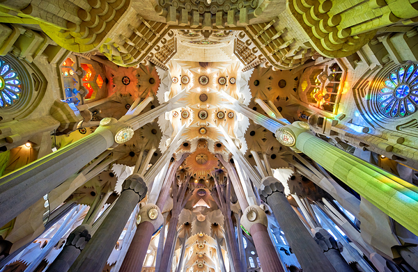 Interior view of Basílica de la Sagrada Familia in Barcelona Print