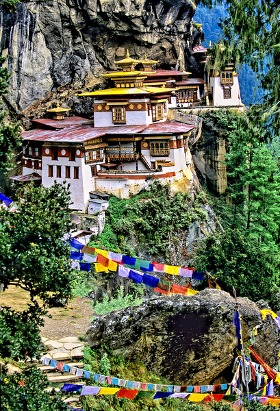 Iconic Bhutanese monastery on a cliff surrounded by prayer flag Print