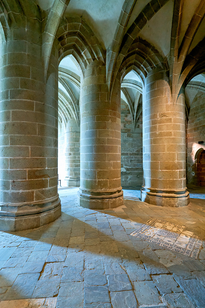Inside Mont Saint Michel Abbey in Normandy France with stone co Print