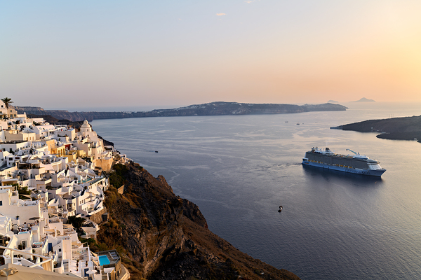 Santorini village and cruise ship at sunset. Print