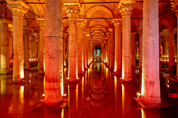 Explore Basilica Cistern at night with reflected lights Print